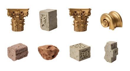 Set of architectural detail specimens isolated on black, featuring ornate gold Corinthian capitals, an Ionic volute, carved concrete blocks, and raw stone fragments.