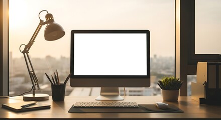 Modern office workspace with a blank screen computer mockup on a wooden desk in front of a window with a city view at sunset, symbolizing productivity and focus in a contemporary business environment.