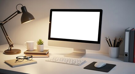 Modern home office workspace with a blank computer screen for mockup. Professional desk setup with lamp, keyboard, and supplies for productive remote work or studying at night.