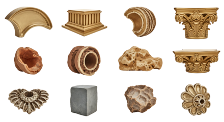 Architectural details and material specimens isolated on black. A diverse set featuring gilded classical capitals, terracotta fragments, porous stone, concrete, and ornate design elements.