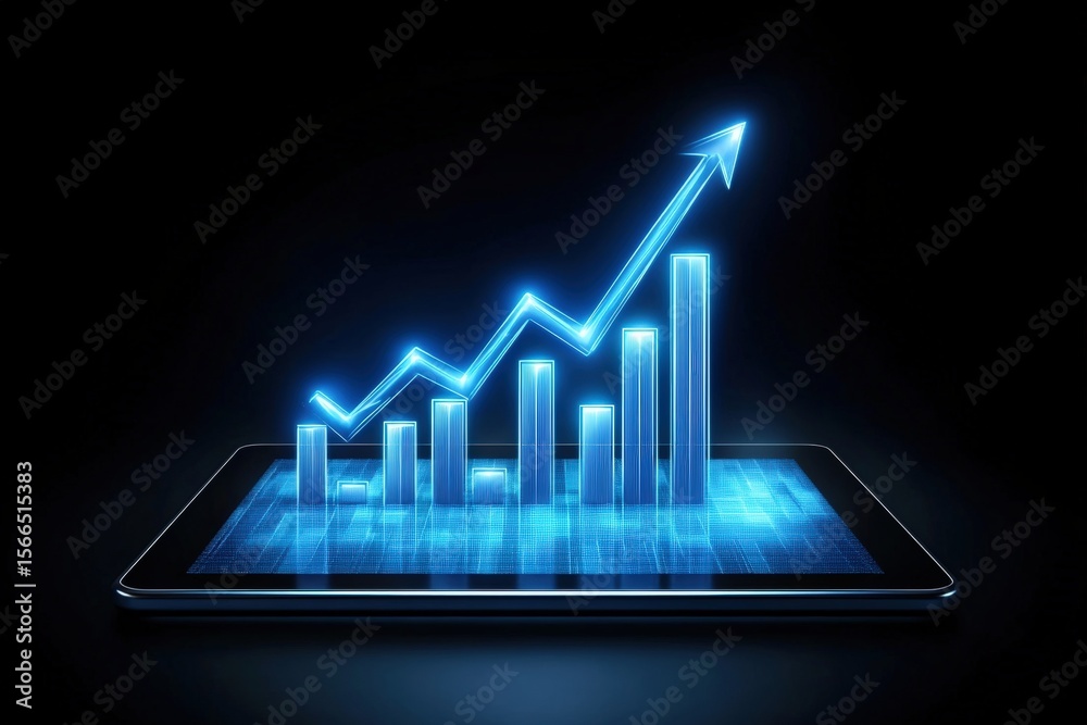 Poster a glowing 3d bar graph with an upward arrow is projected from a tablet, symbolizing growth and data 