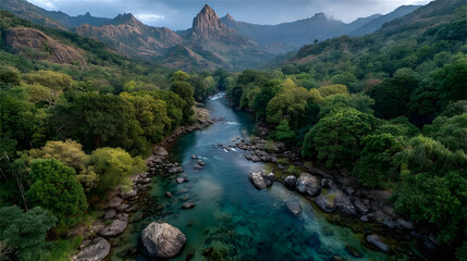 Photorealistic river and mountain landscape in tropical rainforest from drone perspective.