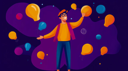 Man Surrounded by Floating Lightbulbs in a Dreamy Purple Landscape