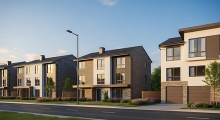 Modern suburban townhouses on a quiet residential street with landscaped yards. New real estate property development with contemporary architecture and idyllic neighborhood community concept.