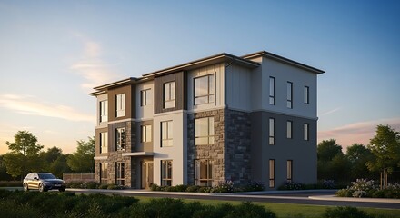 Modern townhouse complex exterior with stone and wood siding at golden hour. Photorealistic 3D rendering of a residential property development for real estate marketing.