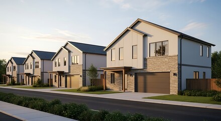A row of modern suburban houses with contemporary architecture in a new real estate development, shown along a quiet street at sunset.