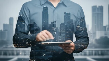 Double Exposure: Business Professional Navigating Urban Innovation on Tablet - Powered by Adobe