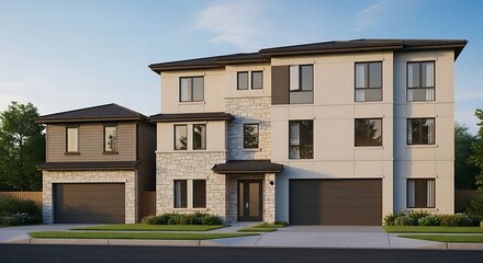 Luxury modern townhouse duplex with a contemporary architectural design, featuring a stone and siding facade, two-car garages, and professional landscaping under a clear blue sky.