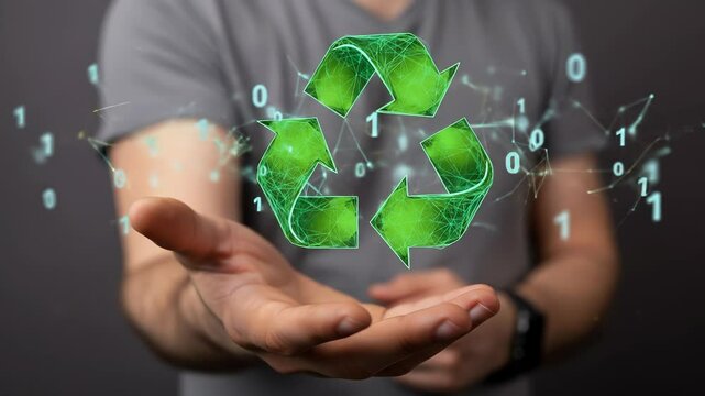 Recycling innovation: Man presents a glowing green recycle symbol with digital network connections symbolizing the future of sustainable technology.
