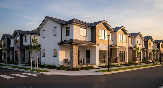 Modern townhouses at sunset in a new suburban real estate development. A row of residential homes with contemporary architecture on a quiet street corner with fresh landscaping.