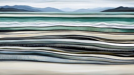 Coastal abstract art, ocean waves, beach, mountains, serene landscape, home decor