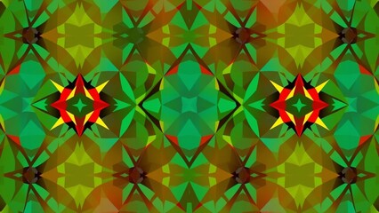 Vibrant Geometric Kaleidoscope Pattern with Abstract Green and Red Hues, Ideal for Backgrounds and Modern Design.