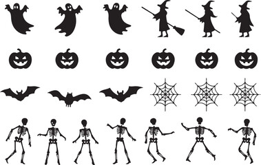 Halloween ghosts pumpkins witches bats skeletons and spiderwebs vector