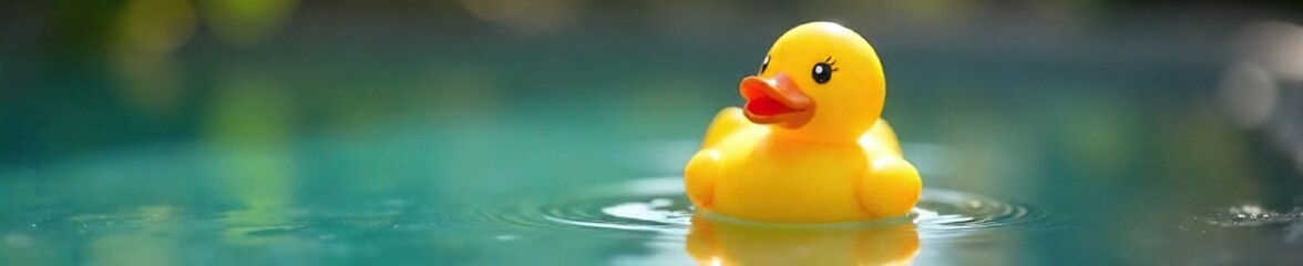 A cheerful yellow rubber ducky, classic bath toy, sits in a puddle of water, reflecting light Perfect for themes of childhood, play, and summer fun , water, fun