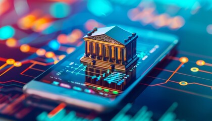 A digital smartphone displays a miniature building, symbolizing finance or banking, against a colorful, data-rich background.