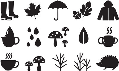 Autumnal elements including boots leaves umbrella jacket mushrooms and hedgehog fall