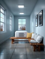 Modern indoor relaxation space with air cooler, wooden bench, cushions, and natural light from large windows