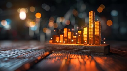 A vibrant 3D representation of bar graphs illuminated with warm colors, set on a textured wooden surface, symbolizing growth and data analysis.
