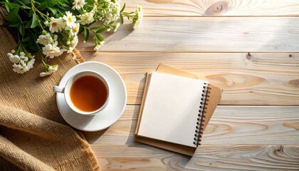 Vista elevada de un espacio de trabajo productivo: taza de té, cuaderno en blanco y flores en escritorio de madera © Aromas