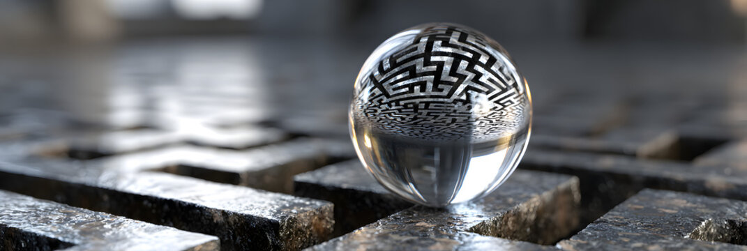 Navigating Complexity: A clear ball reflects the image of a maze. It symbolizes problem-solving, and strategic thinking in complex scenarios.