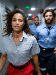 Emergency Response Team Leaders Walking Down Hospital Corridor with Focus on Female Leader