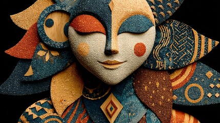 Colorful stylized sculpture of peaceful woman with floral crown