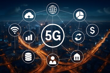5G Network Ecosystem Over Cityscape, Illustrating Global Connectivity, Cloud Computing, and Smart Solutions
