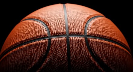 Fototapeta premium Close-Up of a Basketball - A detailed close-up shot of an orange basketball against a black background. It symbolizes competition, teamwork, skill, athleticism, and victory