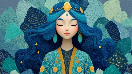 Stylized fantasy woman with floral hair and serene meditative face