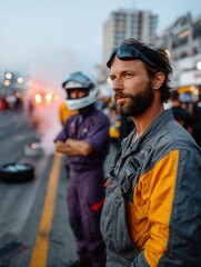 Close-up of a male race car driver standing on the racetrack with a serious expression, team members and cityscape in the background