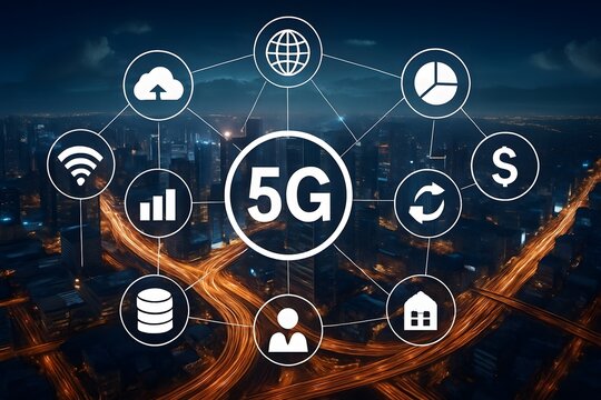 5G Network Ecosystem Over Cityscape, Illustrating Global Connectivity, Cloud Computing, and Smart Solutions - Powered by Adobe