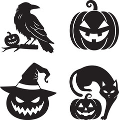 Obraz premium Black Halloween icons raven pumpkin witch hat cat crow jack o lantern