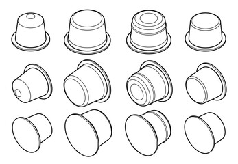 Set of modern coffee capsule designs, perfect for brewing, isolated vector icons in outline style on white background