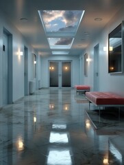 Modern hospital corridor with skylight showing cloudy sky and stylish seating area with pink benches