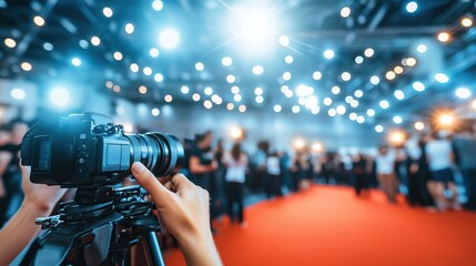 Red carpet event filming, camera, tripod, lights, crowd
