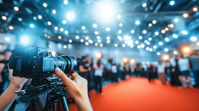 Red carpet event filming, camera, tripod, lights, crowd