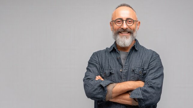 Confident Middle-Aged Man Smiling with Arms Crossed Against a Gray Background