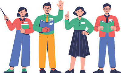 Diverse group of four teachers holding books and pointing with a pointer stick