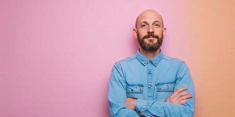 Confident Man with Beard in Denim Shirt Against Colorful Background