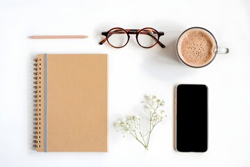 Flat lay photography of notebook, coffee, phone, glasses, pencil, and flowers on white desk