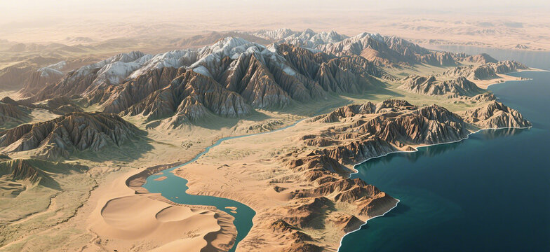 Aerial View of a Mountainous Desert Region with a Winding River and Coastal Waters