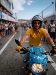 Young man in yellow polo shirt and helmet riding motorcycle at crowded outdoor event on race track