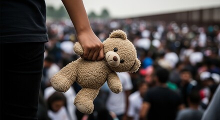 Child's hand holding a teddy bear while trying to cross the state border 