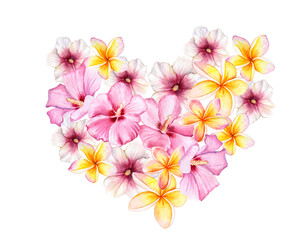 Watercolor floral heart illustration made of pink hibiscus and yellow plumeria (frangipani). Hand-painted design ideal for romantic themes, tropical weddings, or summer invitations