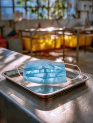 Blue Medical Face Mask on Metal Tray in Sunny Work Environment with Blurred Background