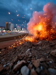 Close-up of a small controlled explosion on rocky terrain with city skyline in background during dusk