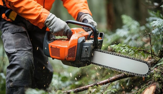 A person wearing protective gloves and an orange jacket uses a chainsaw to cut a fallen tree branch in a forest.