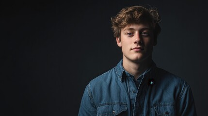Obraz premium Portrait of a Young Man in a Denim Shirt Against a Dark Background