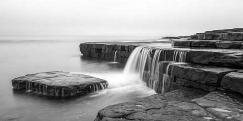 Fototapeta premium A serene black and white view of a waterfall cascading over rocky coastal cliffs into the ocean. A view of a small waterfall cascading into the ocean