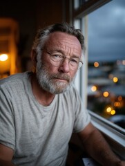 Elderly Man with Gray Beard and Glasses Sitting Near Window at Dusk Inside Home